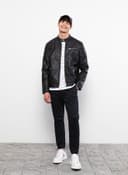 Slim Fit Stand Collar Men's Leather Look Coat view 2